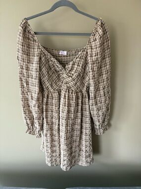 Pink Lily Beige and Cream Plaid Smocked Dress